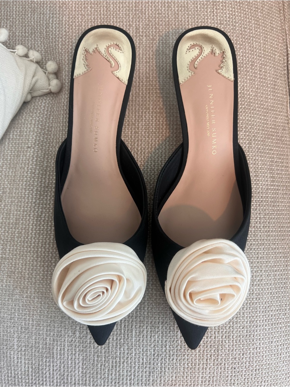 ANTONIO MELANI X Jeniffer Sumko Black Pointed Toe Mules with Cream Rose Accent - Picture 3 of 5